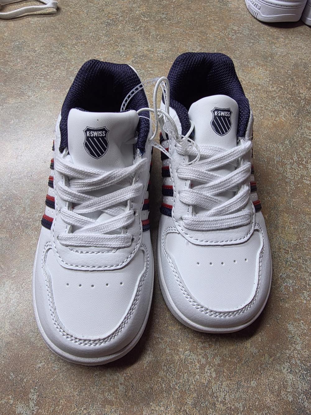 K-Swiss White Leather Tennis Sneakers with Navy & Red Stripes